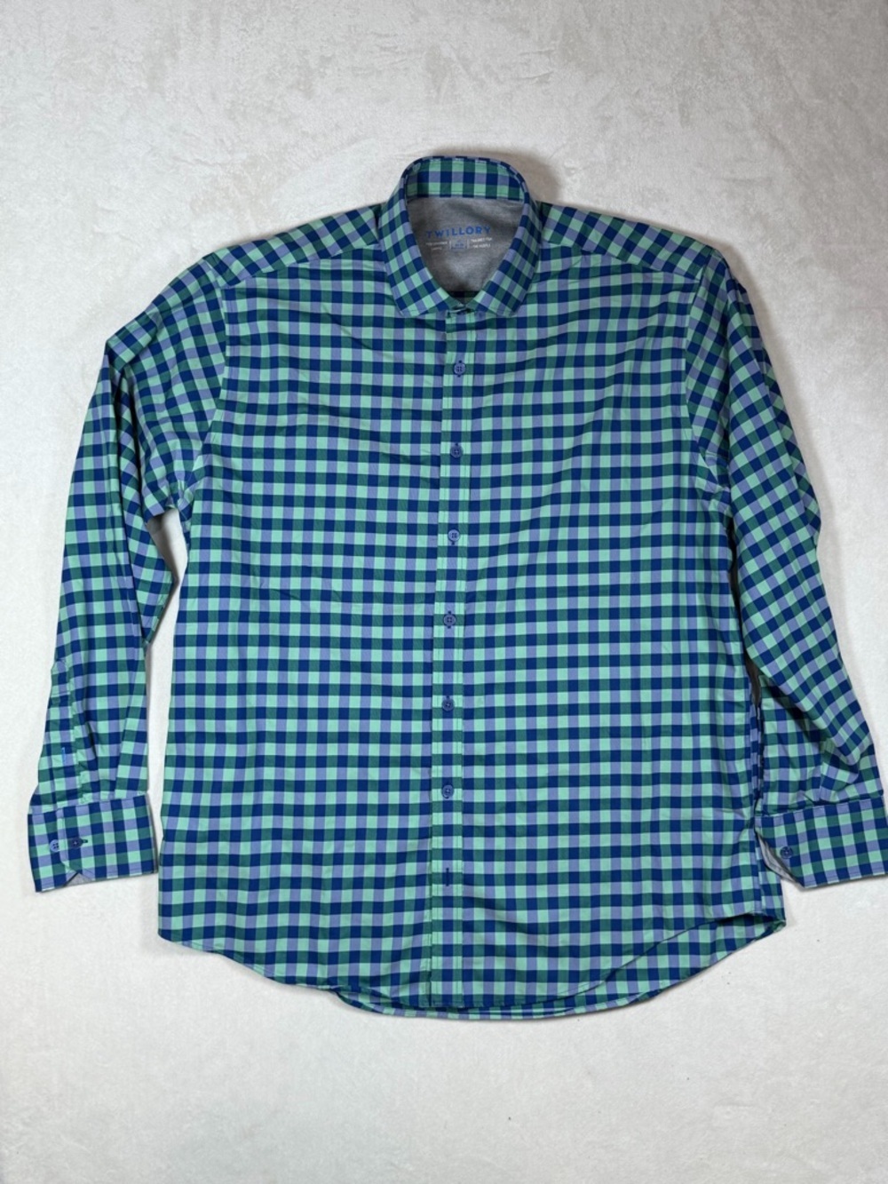 Twillory 17 34-35 Blue and Green Gingham Button-Down Dress Shirt Non-Wrinkle EUC